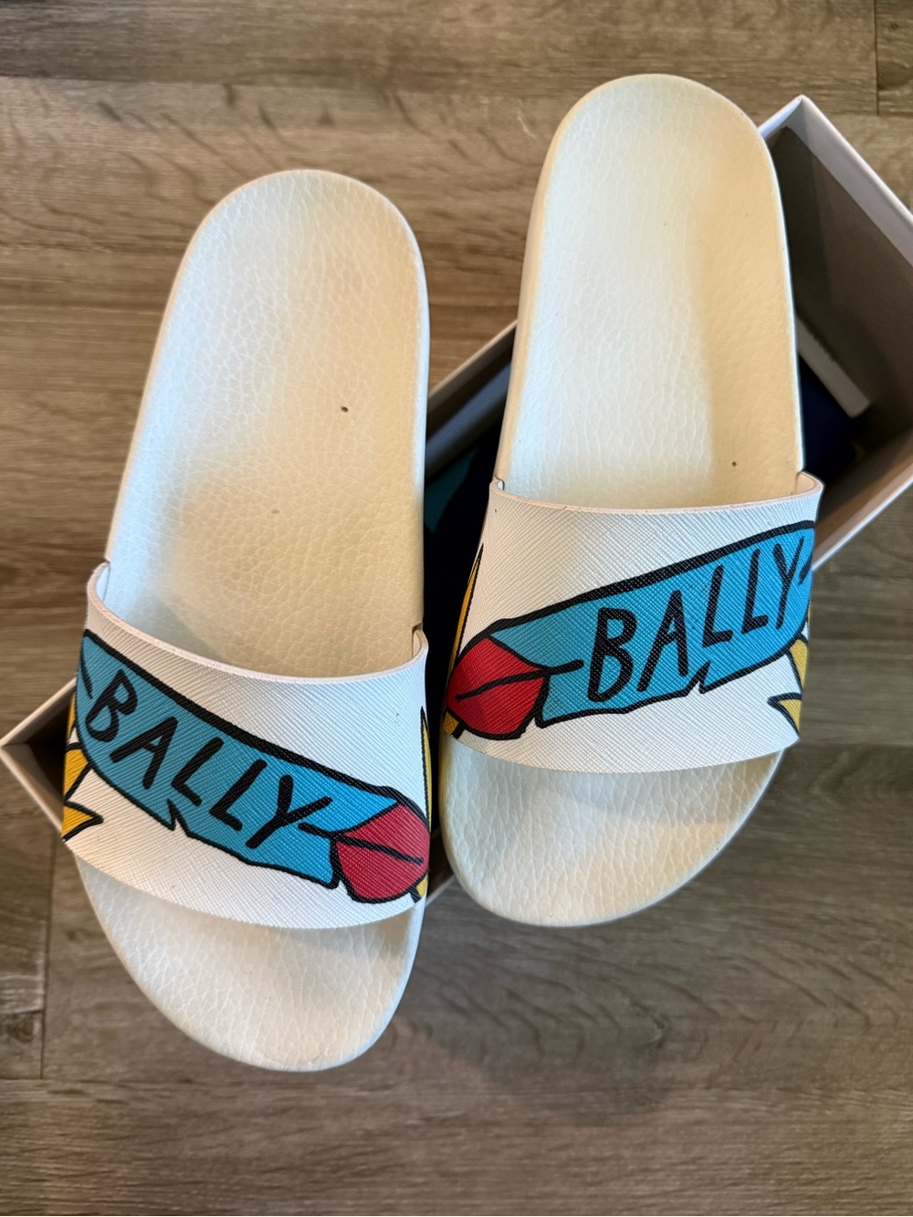 Bally White Slides with Blue, Red and Yellow Logo Banner
